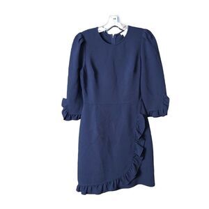 Shoshanna Womens Marina Sheath Dress 2 Navy Stretch Crepe Ruffle Trim Modest